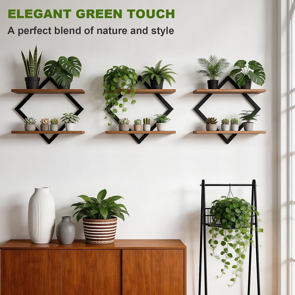 Set of 3 Floating Wall Shelves for Plants, Brown | Wall Planters for Indoor Plants, Wall Plant Holder, Plant Stand