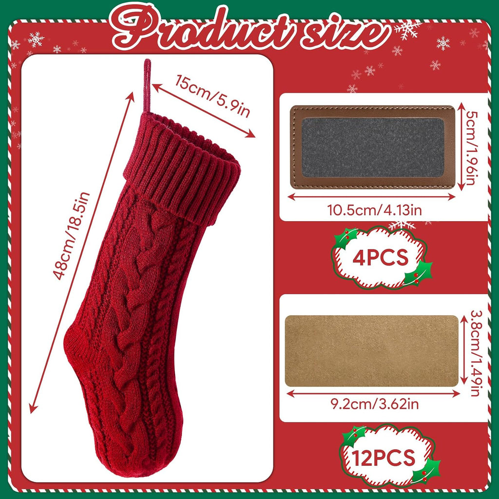 Personalized with Leather Patches Name Family Christmas Stockings, 18.5" Large Knitted Xmas Stockings - Set of 4