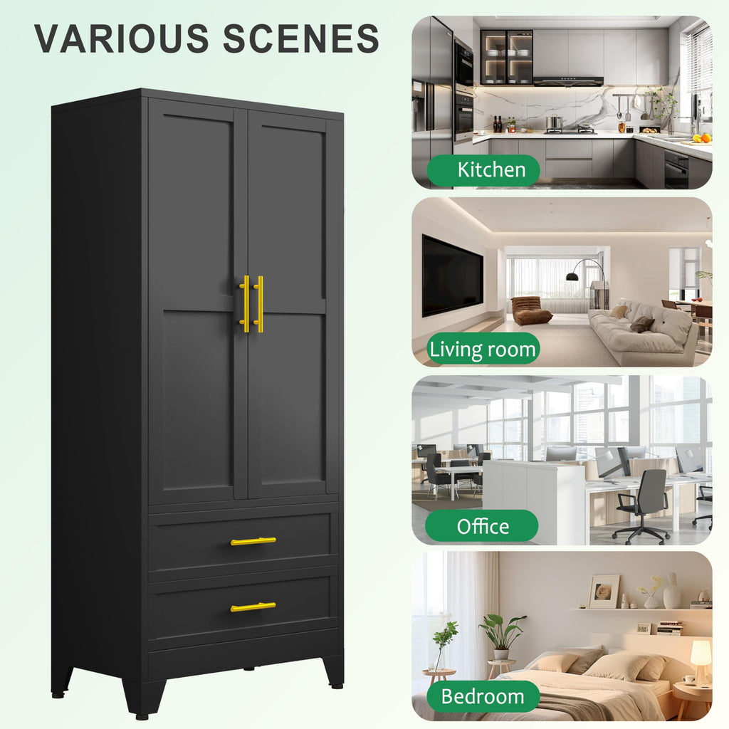 71" Metal Armoire Wardrobe Closet, Tall Clothing Storage Cabinet, Black