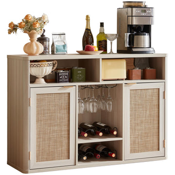 Rattan Wine Bar Cabinet with Storage, Grey White