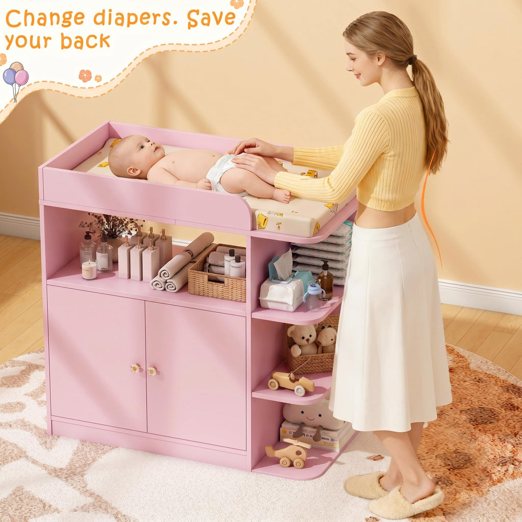 Changing Table Dresser with Large Cabinet, Wood, Pink