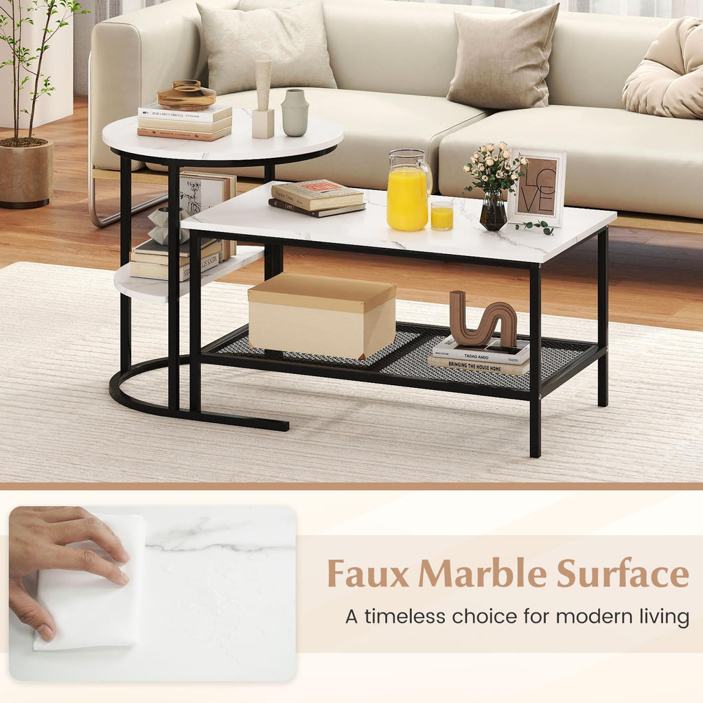 Nesting Coffee Set of 2, 2 PCS Nesting Tables with Faux Marble Top and Extra Storage Shelf, Modern Round End &