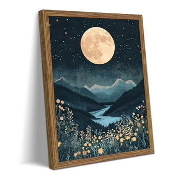 Framed Moonlight Mountain Landscape Canvas Wall Art, Vintage Nature Aesthetic Wall Decor Painting, Full Moon Night