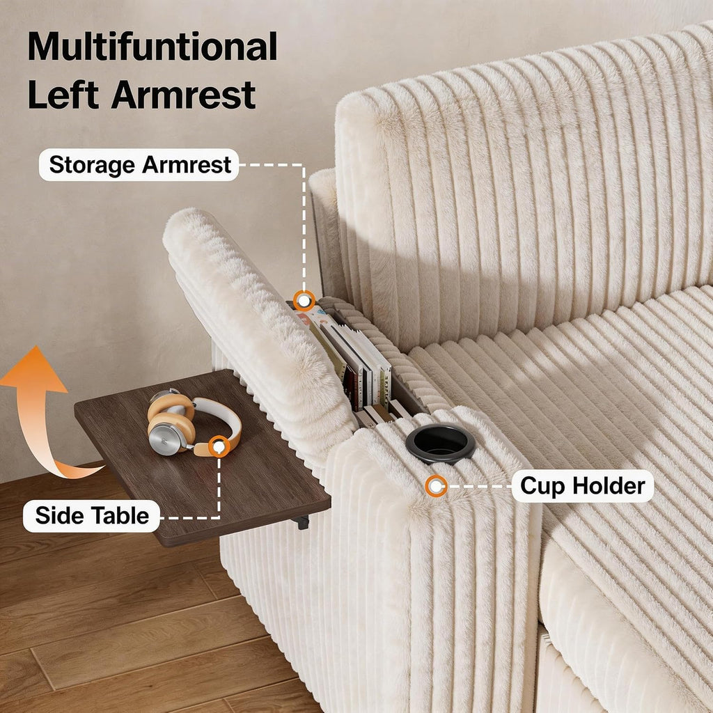 130" Modular Sectional Sleeper Sofa with Pull Out Bed, 9 Seat Corduroy L Shaped Couch with Ottoman and Chaise|USB