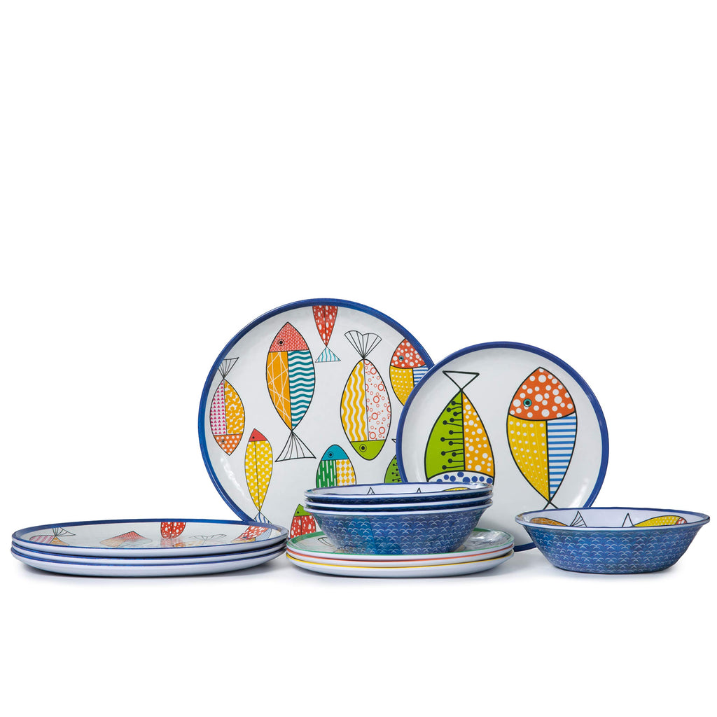 Melamine Dinnerware Set for 4, 12PCS Fish Plates and Bowls Sets