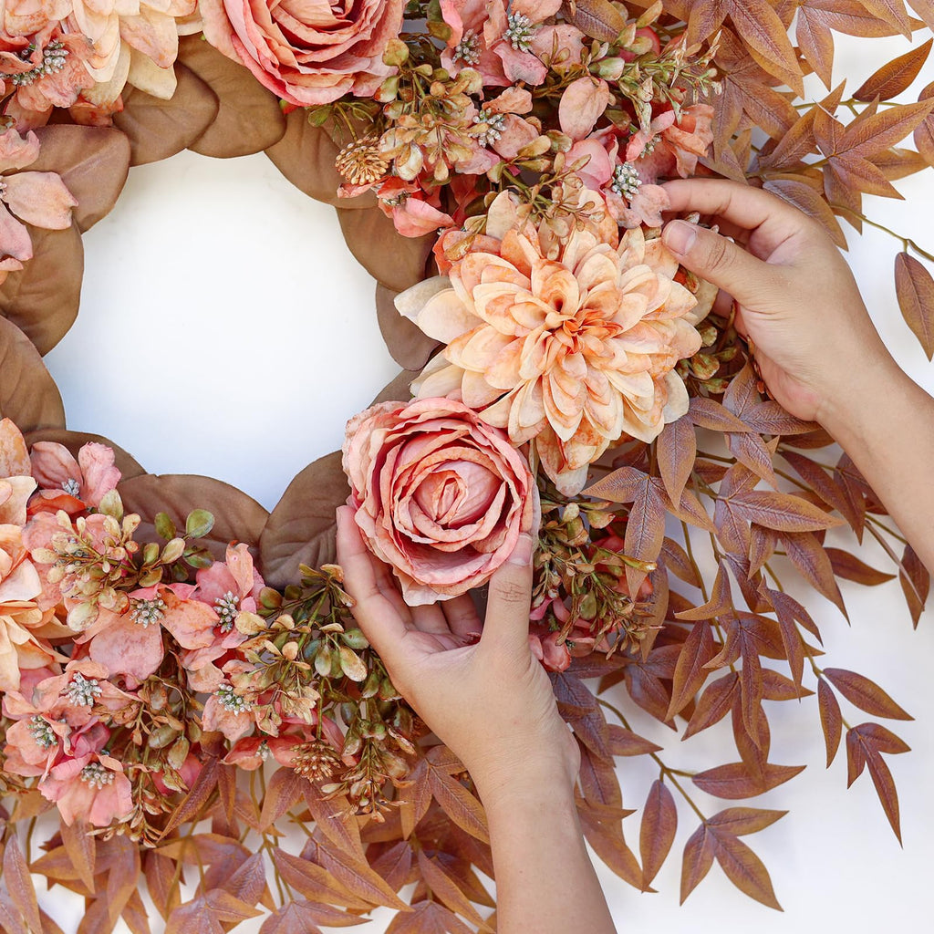 26" Artificial Silk Rose Dahlia Flower Wreath for Front Door (Fall Orange)