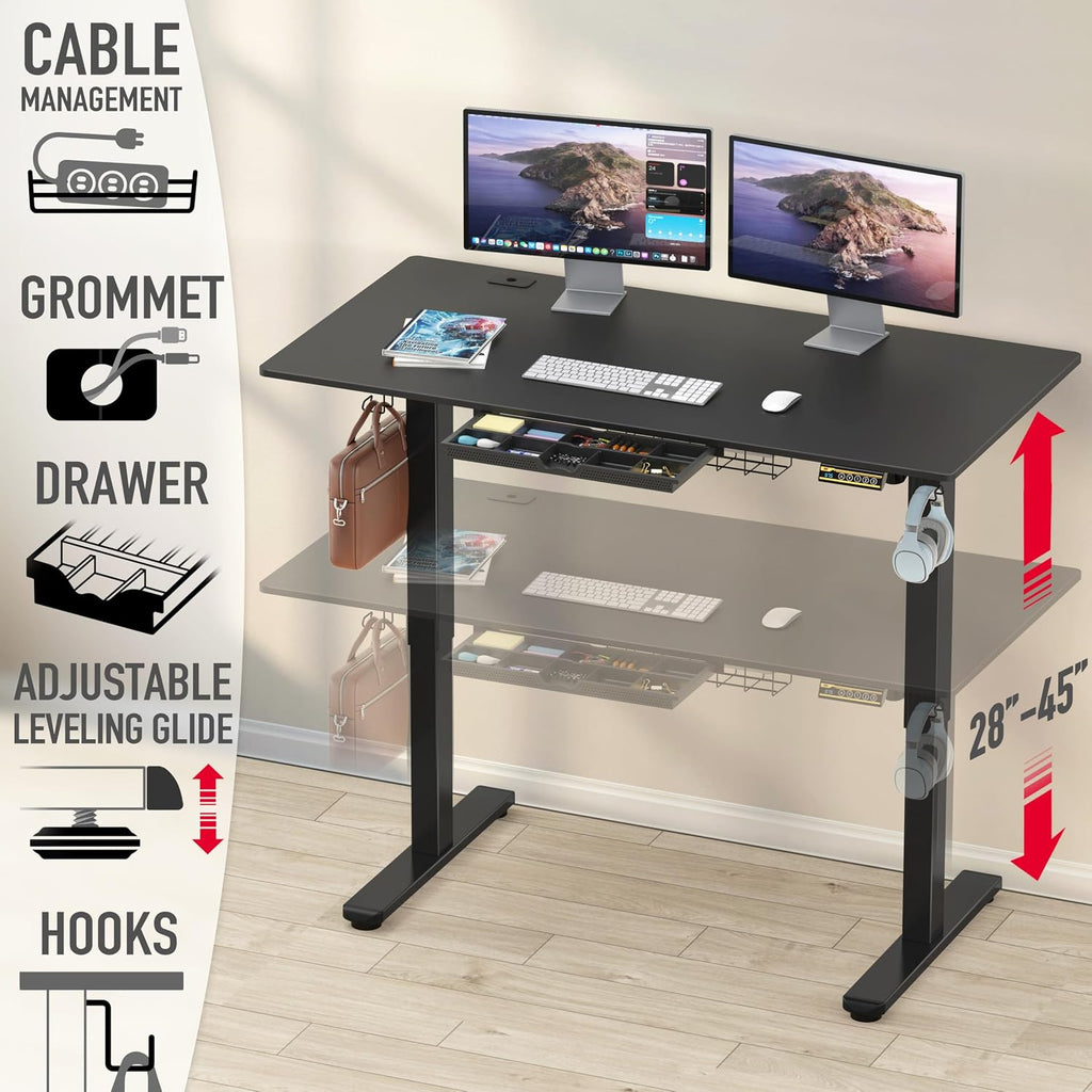 55 x 28 Electric Height Adjustable Standing Desk w/Drawer, Black | w/ Memory Presets and Cable Management | Drawer