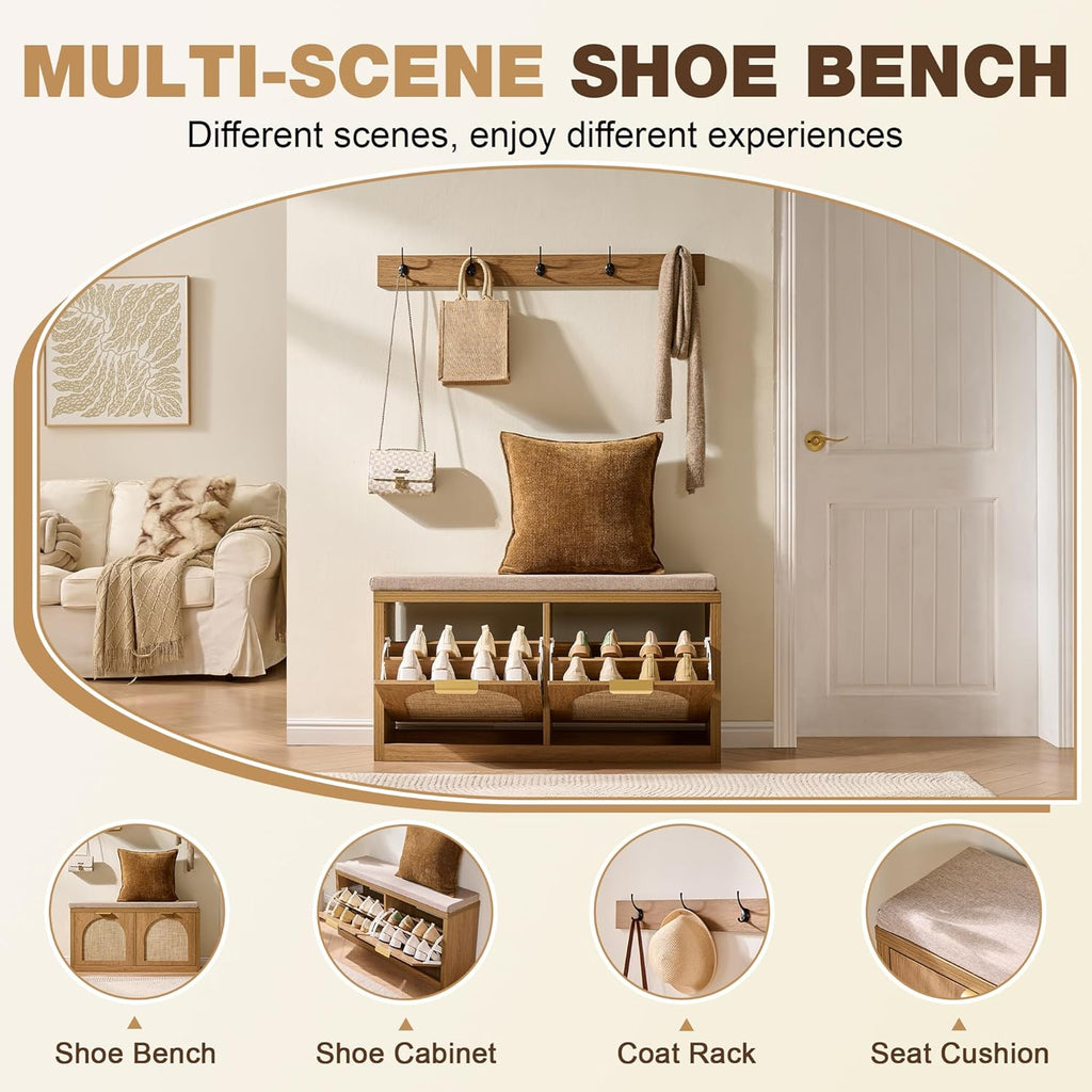 Rattan Narrow Entryway Bench with Shoe Storage, 2 Flip Drawers & Coat Rack, Mid-Century Modern Wood Shoe Cabinet with