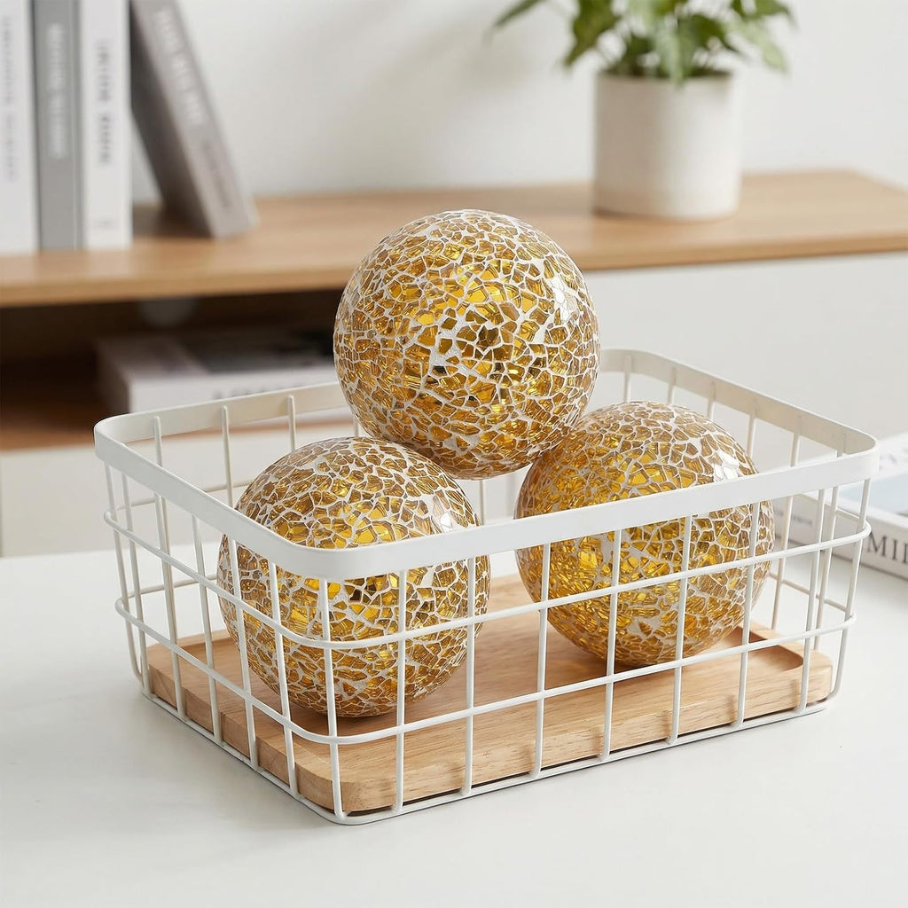 Decorative Balls for Bowls Gold Orbs Glass Balls Mosaic Glass Orbs Centerpiece Ball 3.1 Inch Decor Table Vase - Set of 5