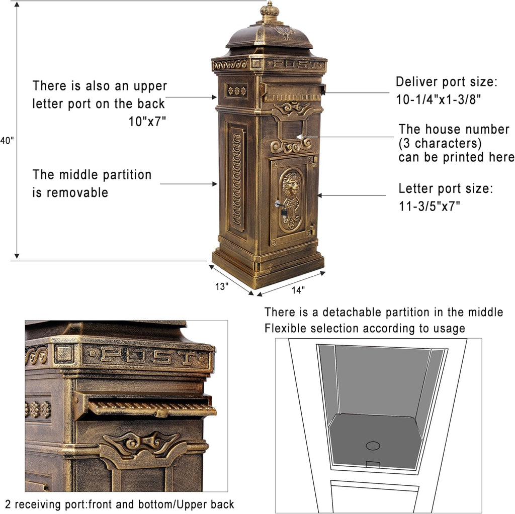 Copper Mailbox, Large Lockable Package Drop Box with Roman Statue, Rustproof Cast Aluminum Mail Boxes Mount Design (2)