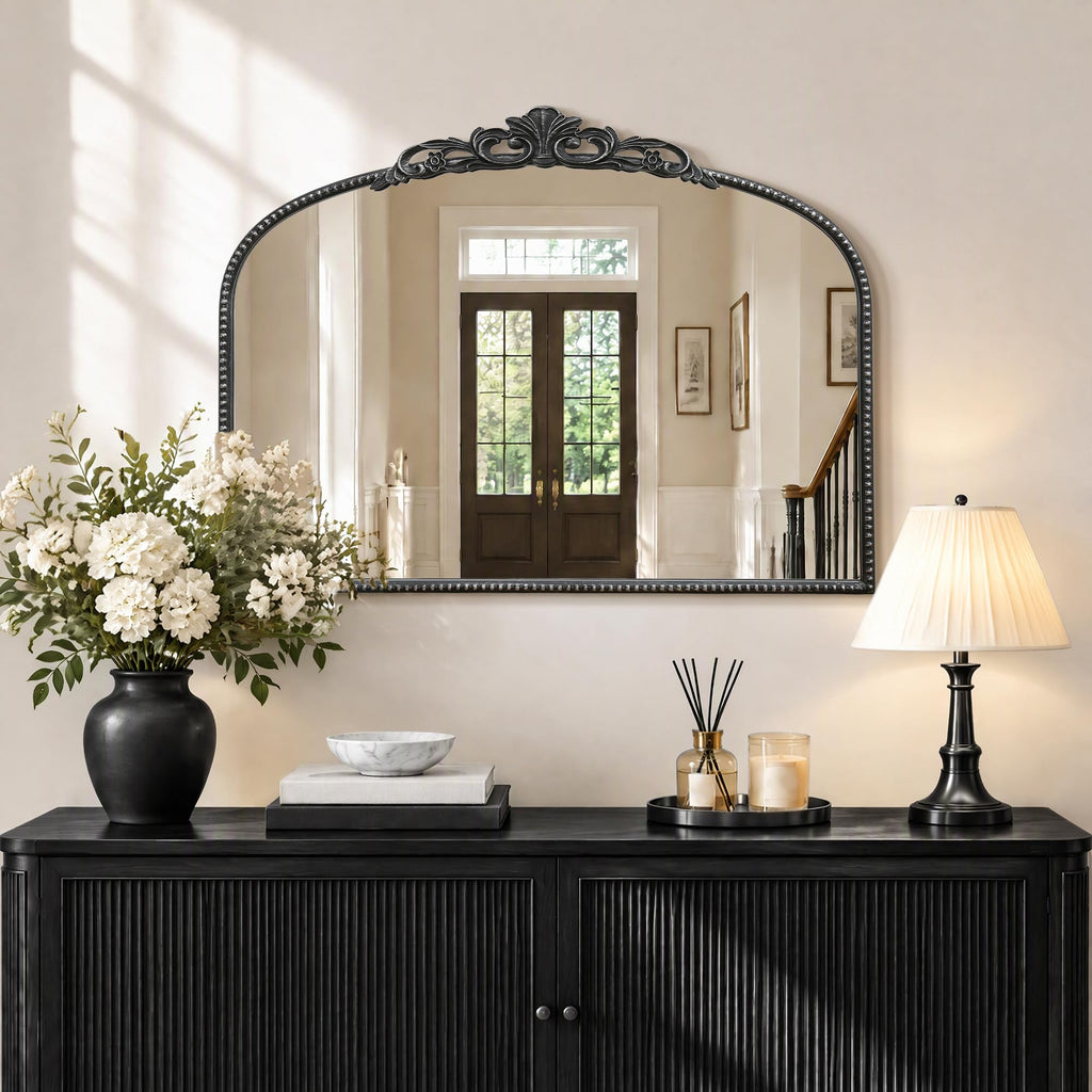 Vintage Black Arched Mirror: 32"x24" Baroque Antique Vanity Mirror