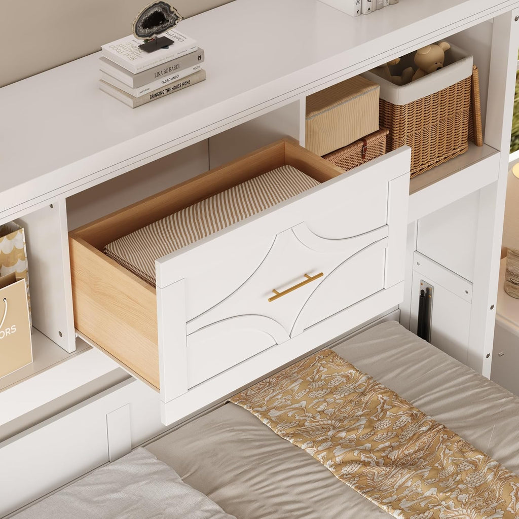 Farmhouse Wood Murphy Bed Chest with Charging Station & Drawer, Storage Wall Bed with Wood Slat Support/Space Saving