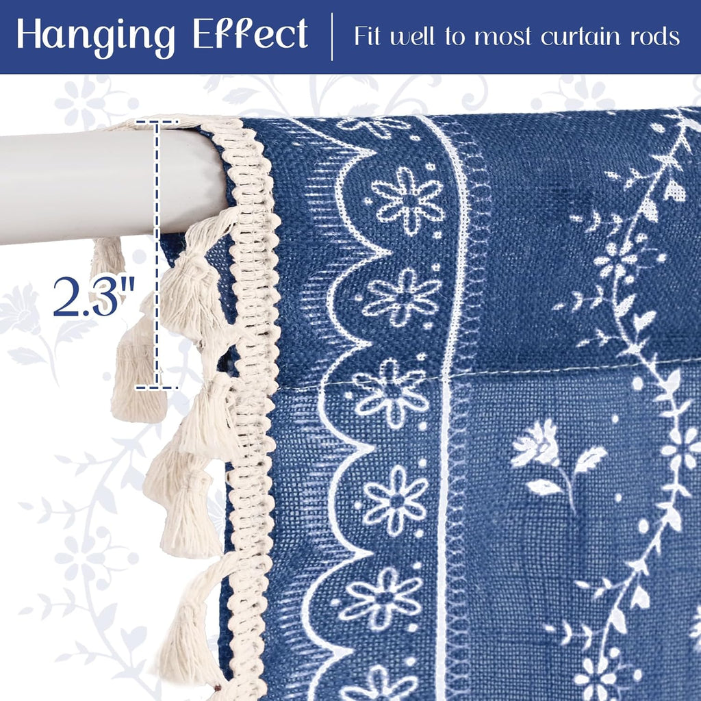 Boho Valance Curtains Vintage Linen Blue Kitchen Valances for Windows Light Filtering Bohemian Floral Valance Rod