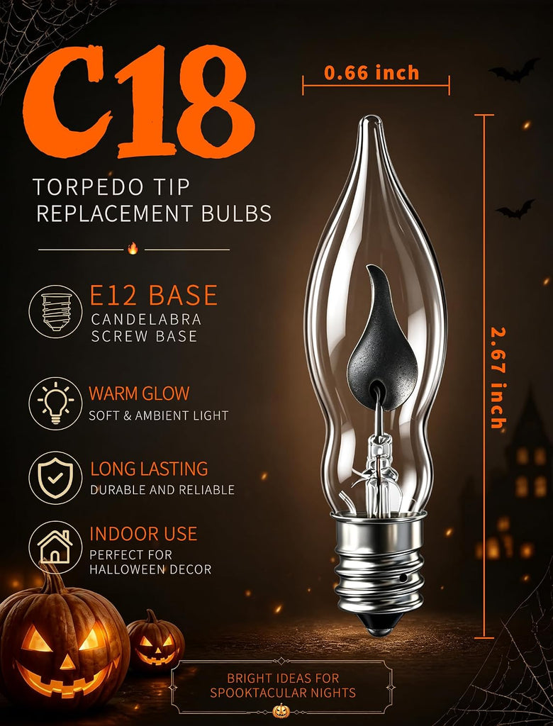 C18 Clear Flicker Flame Bulbs, C7/E12 Base, 1W