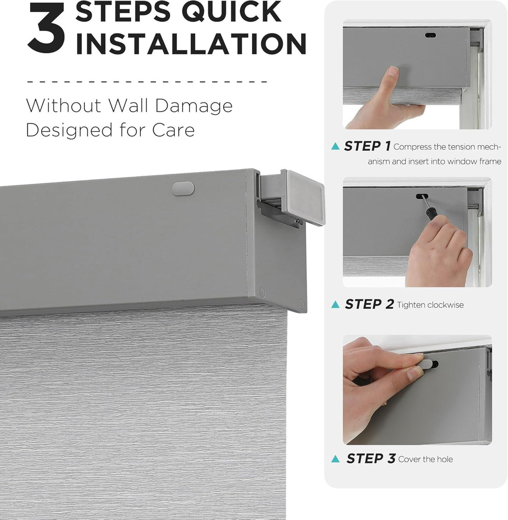 No Drill Blackout Shades, Free-Stop Cordless Roller Shades, UV Protection, Thermal Insulated Blinds for Indoor