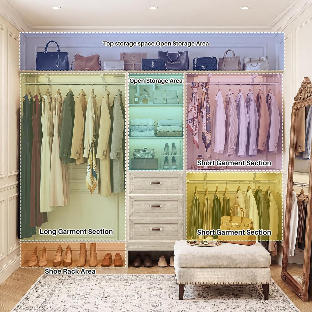 8FT Closet System with 3 Curved Drawers, 96'' Wooden Walk-in Closet Organizer with 3 Top Shelves, Adjustable