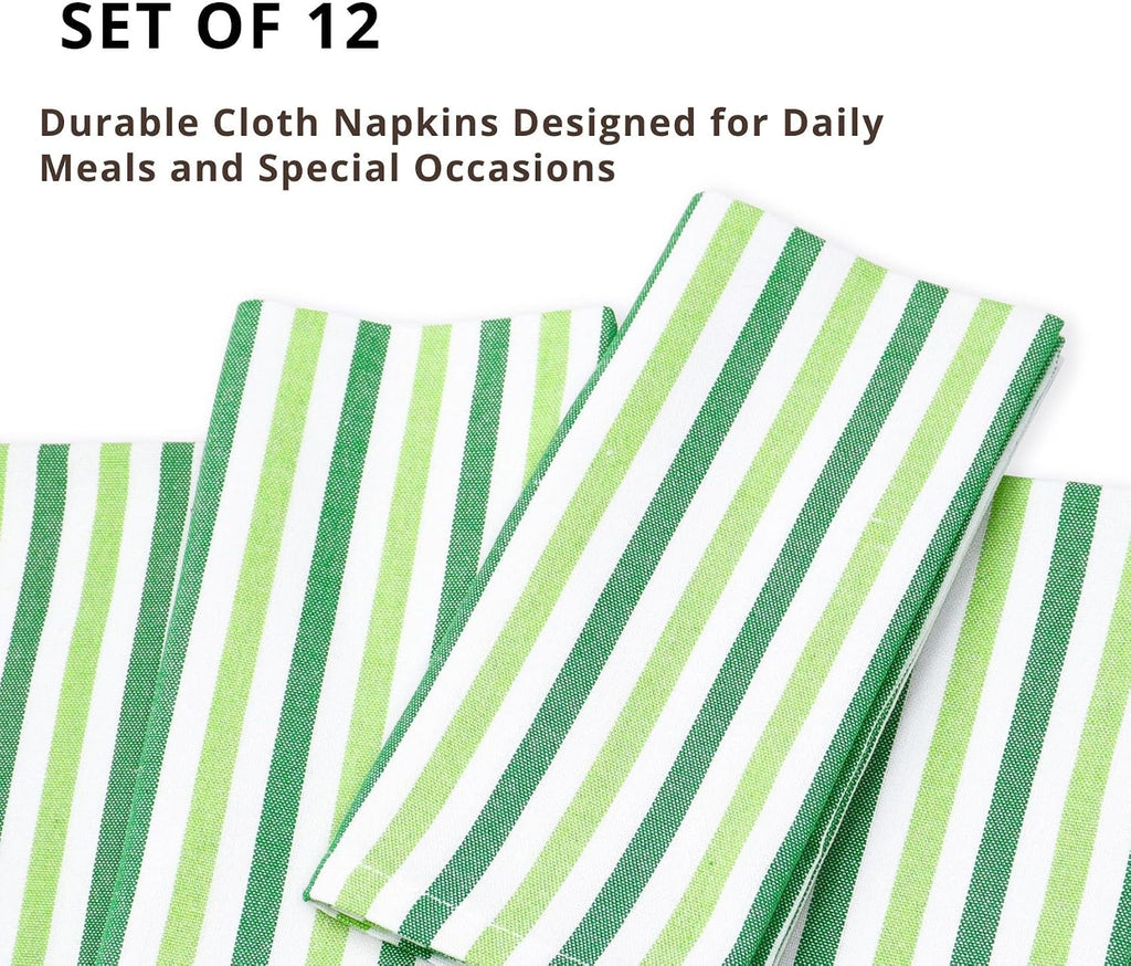 Plain Striped Cloth Napkins - Set of 12-100% Cotton - 18 x 18 Inch -St Patricks Day and Perfect Everyday Use Dinner