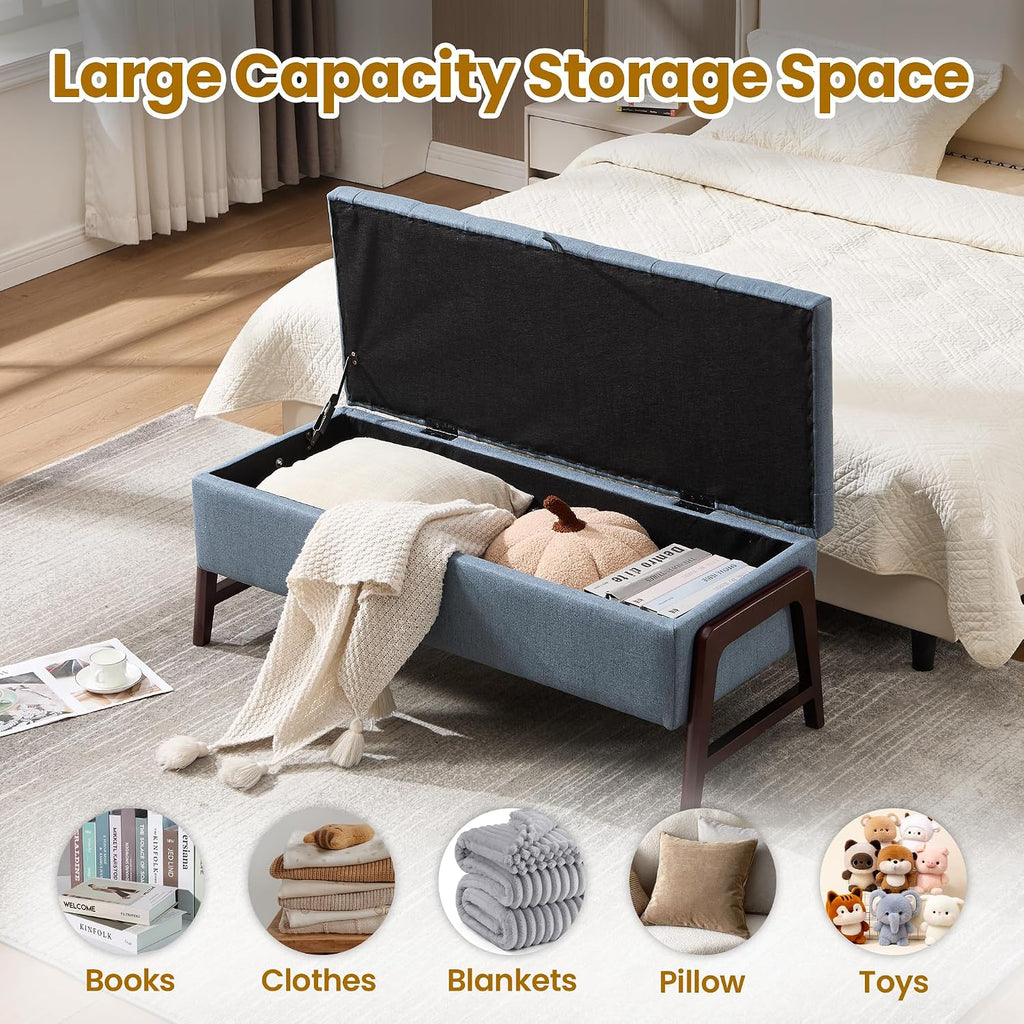 48" Storage Bench, End of Bed Bench with Button-Tufted, Upholstered Storage Ottoman Bench with Wooden Legs, Fabric