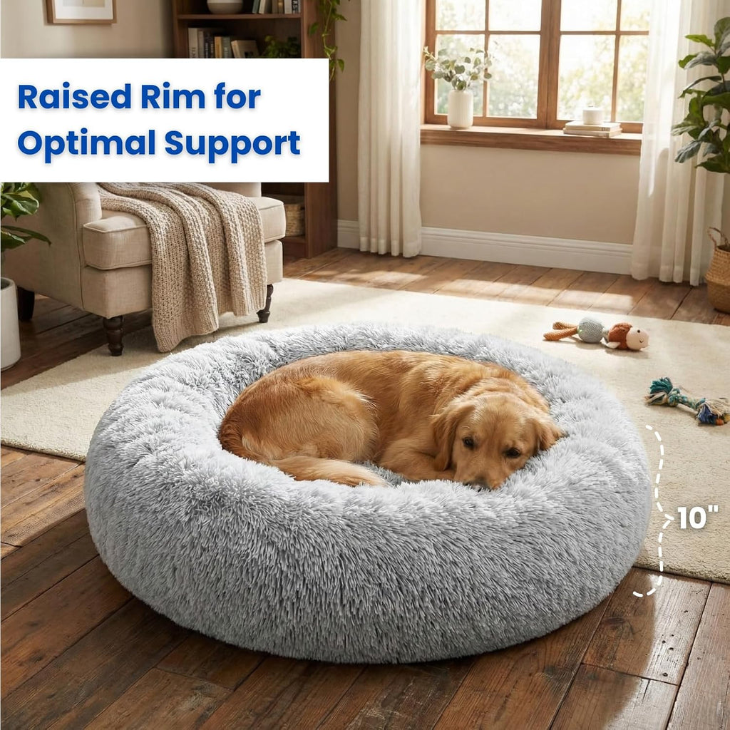 Calming Donut Dog Bed - Faux Fur Anti-Anxiety Pet Bed with Removable Washable Cover & Water-Resistant Liner - Plush