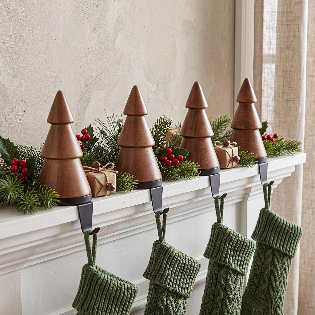 4 Pack Wooden Christmas Tree Stocking Holder for Mantle, Brown