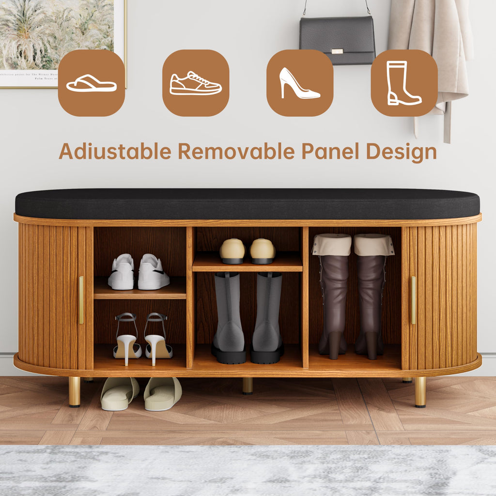 2-Tier Storage Bench, Wide Shoe Bench with Thickened Padded Seat Cushion, Mid Century Modern Fluted Sliding Door and