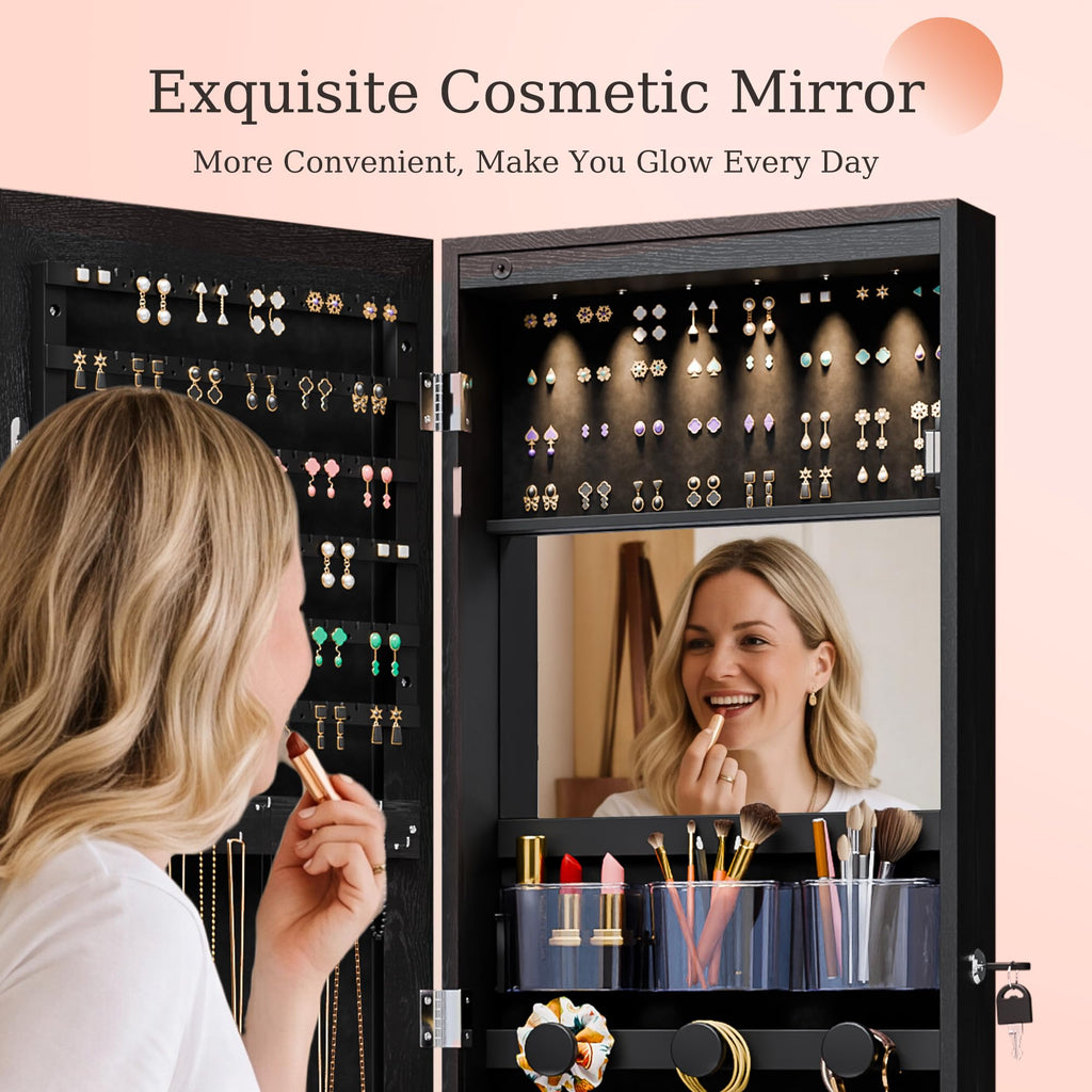 Mirror Jewelry Cabinet, Lockable Wall or Door Mounted Jewelry Armoire Organizer With Built-up Mirror, LED Lights