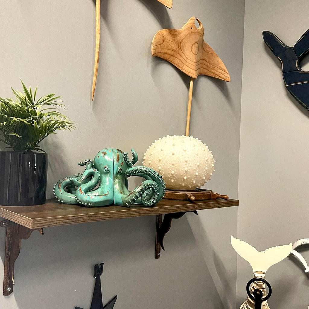 Set of 2 Octopus Decorative Bookends, 10 Inch Aqua Resin | Lifelike Tentacle Sculpting, Felt Pad Feet Help Protect