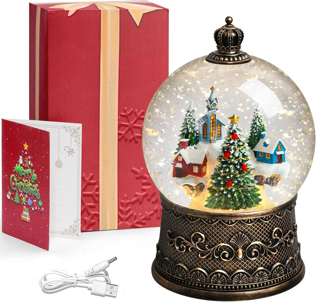 Christmas Snow Globe Lantern, Glitter Musical Snowglobe Light with Timer, USB & Battery Powered Music Box, Village