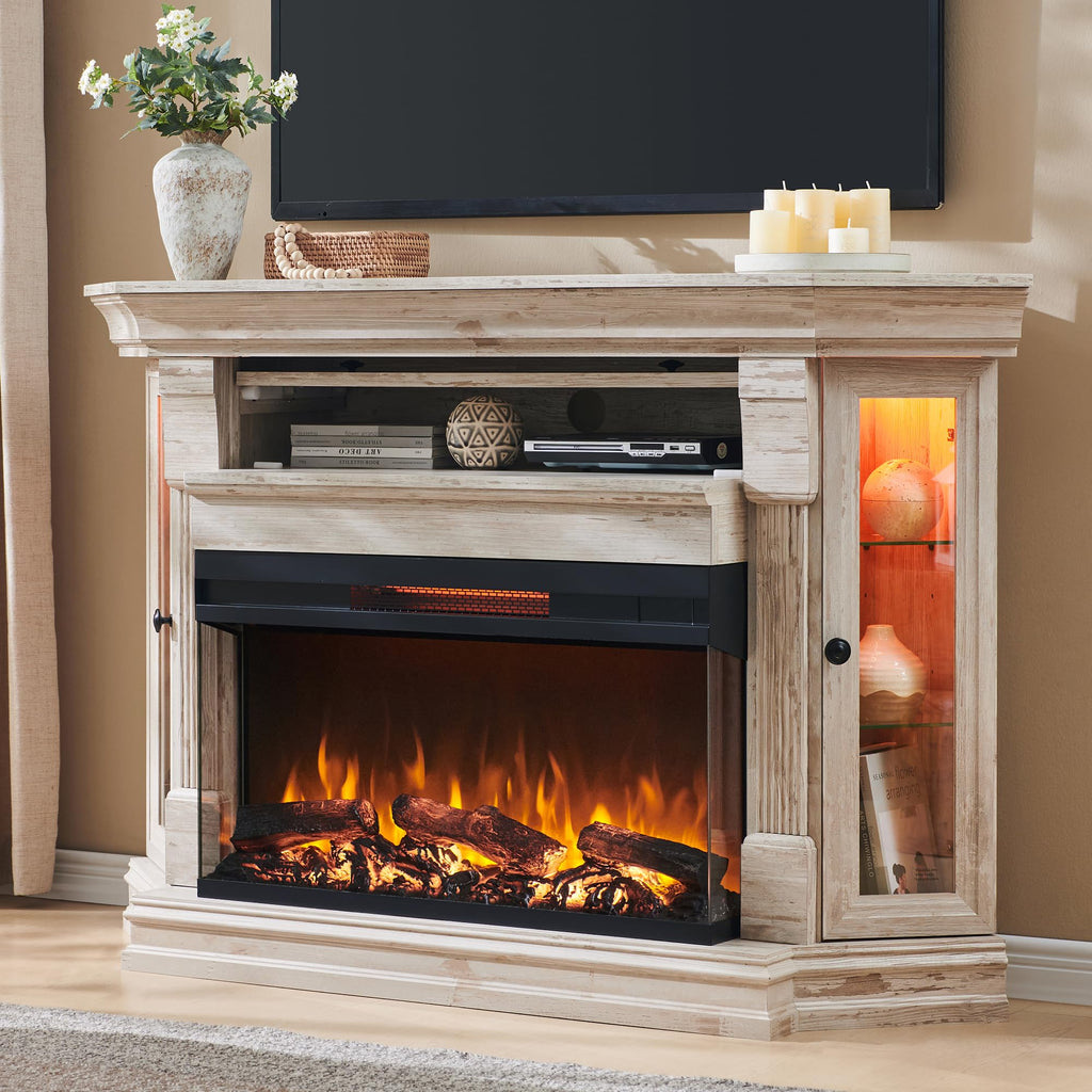56" Farmhouse Corner TV Stand with 3-Side Fireplace Antique Brush White