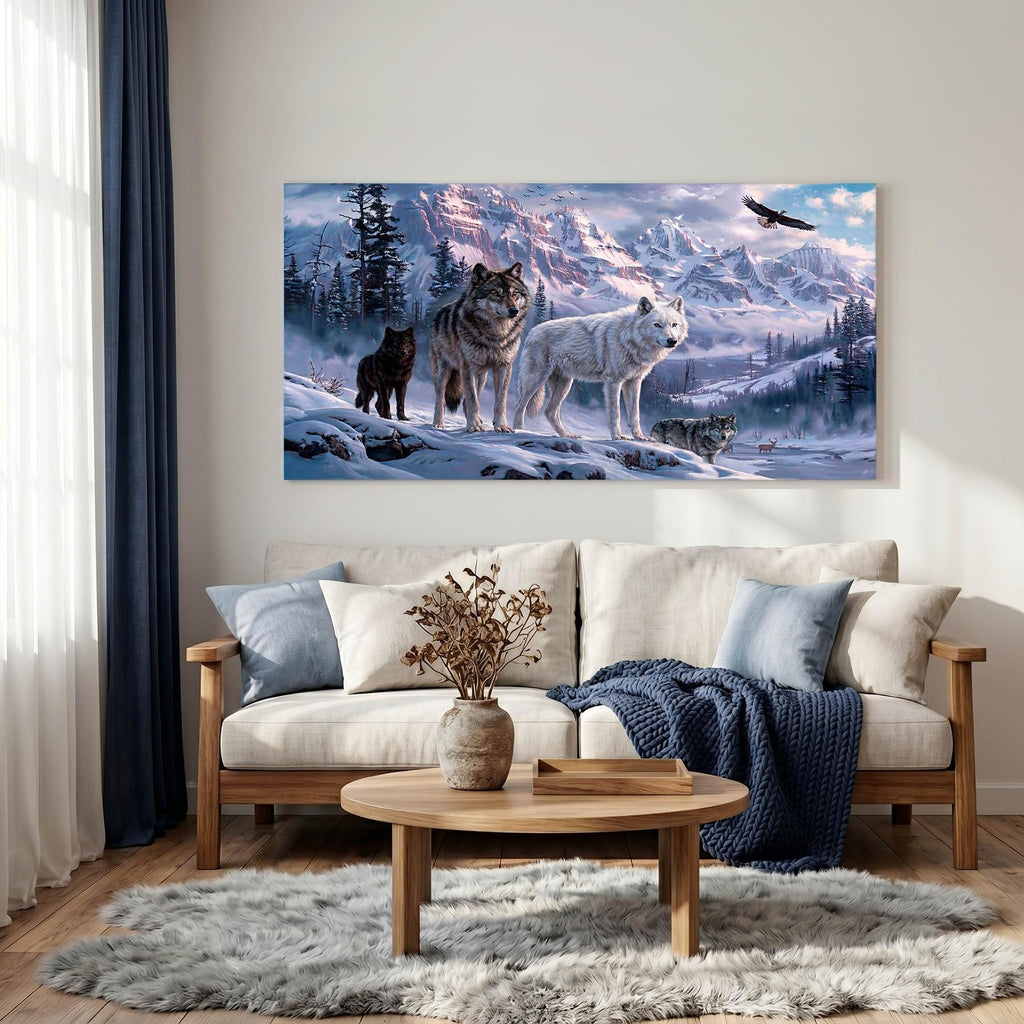 Wolf Pack Wall Art Snowy Mountain Landscape Canvas Print Blue Rustic Wildlife Nature Animal Framed Artwork for Cab