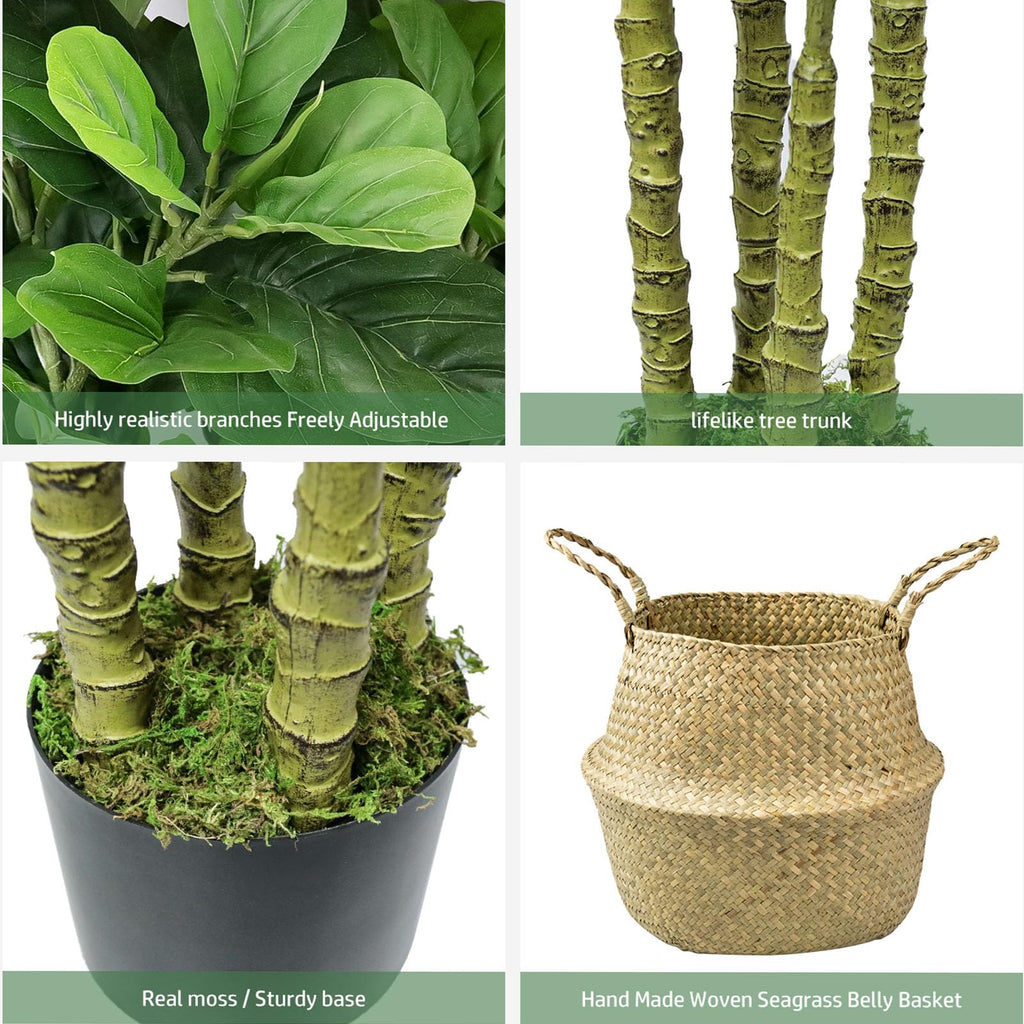 Artificial Fiddle Leaf Fig Tree, 6 FT Tall Artificial Tree with Woven Seagrass Plant Basket Fake Floor Plant in Pot