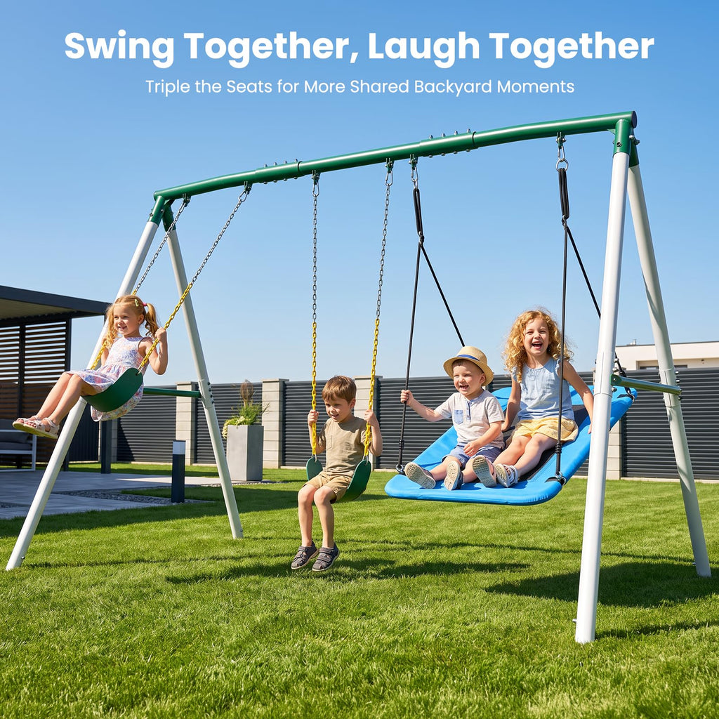 7.3ft Tall Swingset for Backyard with 3 Swings (White & Green)