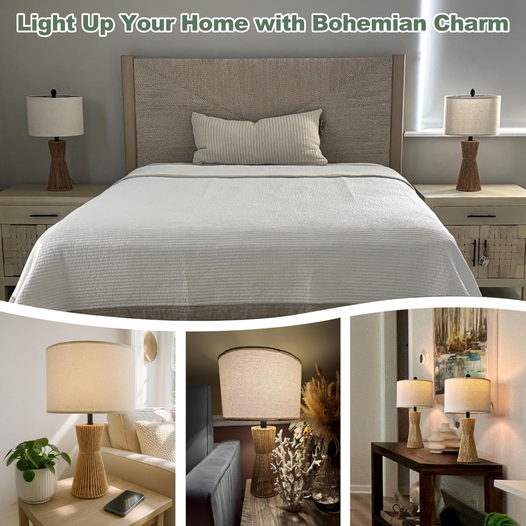 22.5" Table Lamps, Boho Lamps Set of 2 s, Bedside Lamp for Nightstands, Rattan Lamp, Farmhouse Table Lamp for Room