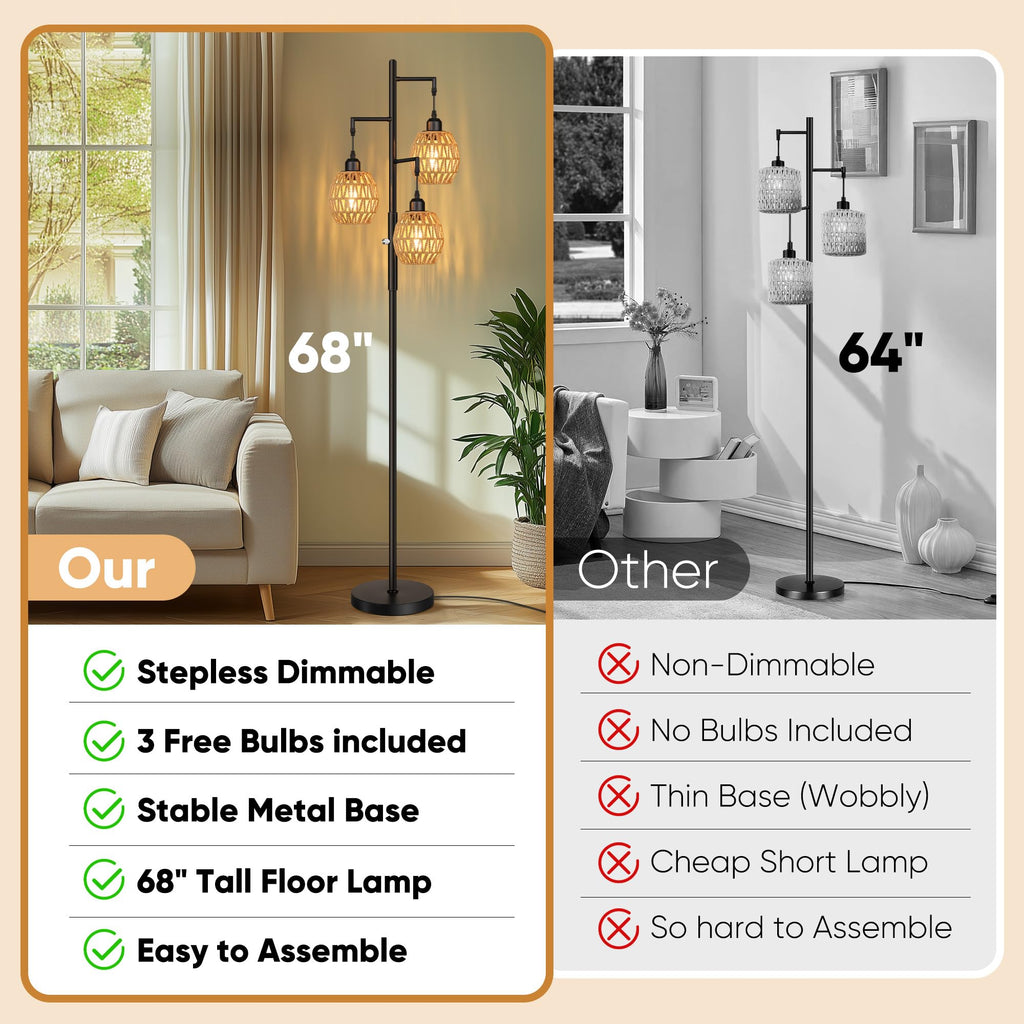 Dimmable Boho Floor Lamp - 3 Light Farmhouse Rattan Floor Lamps, Tree Floor Lamps with Bohemian lampshades, Rustic