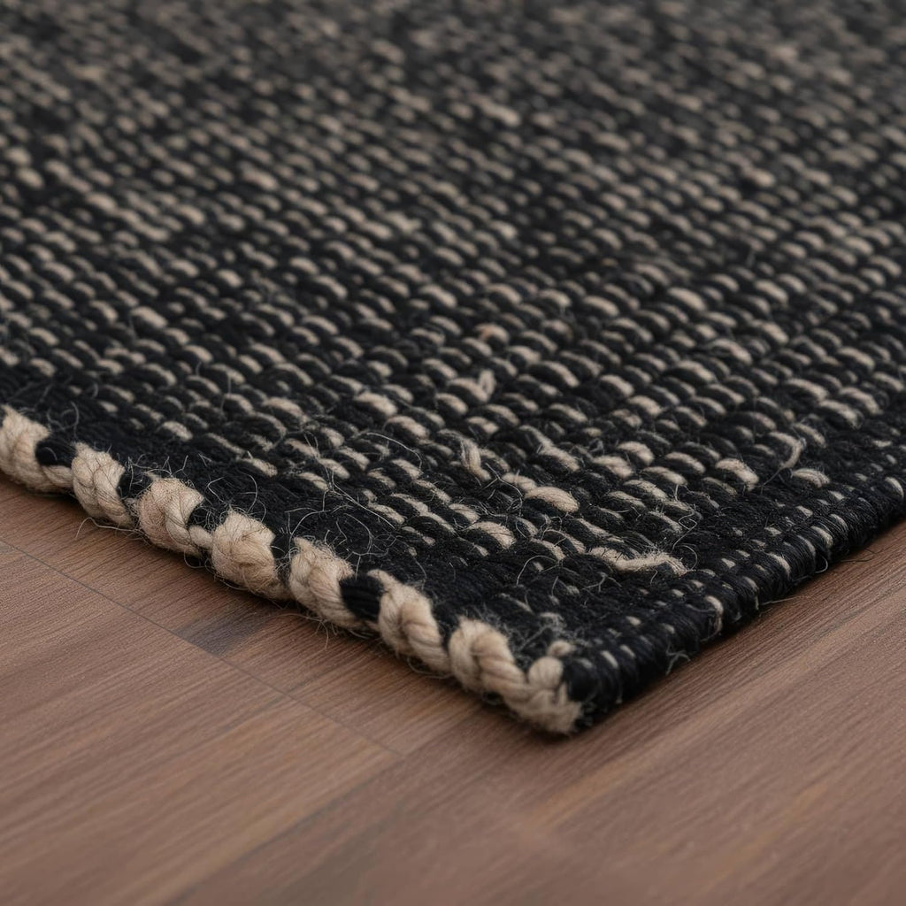 Black 2X3 Jute Rug Braided Construction - Farmhouse Woven Carpet - Mid-Century Modern Floor Covering