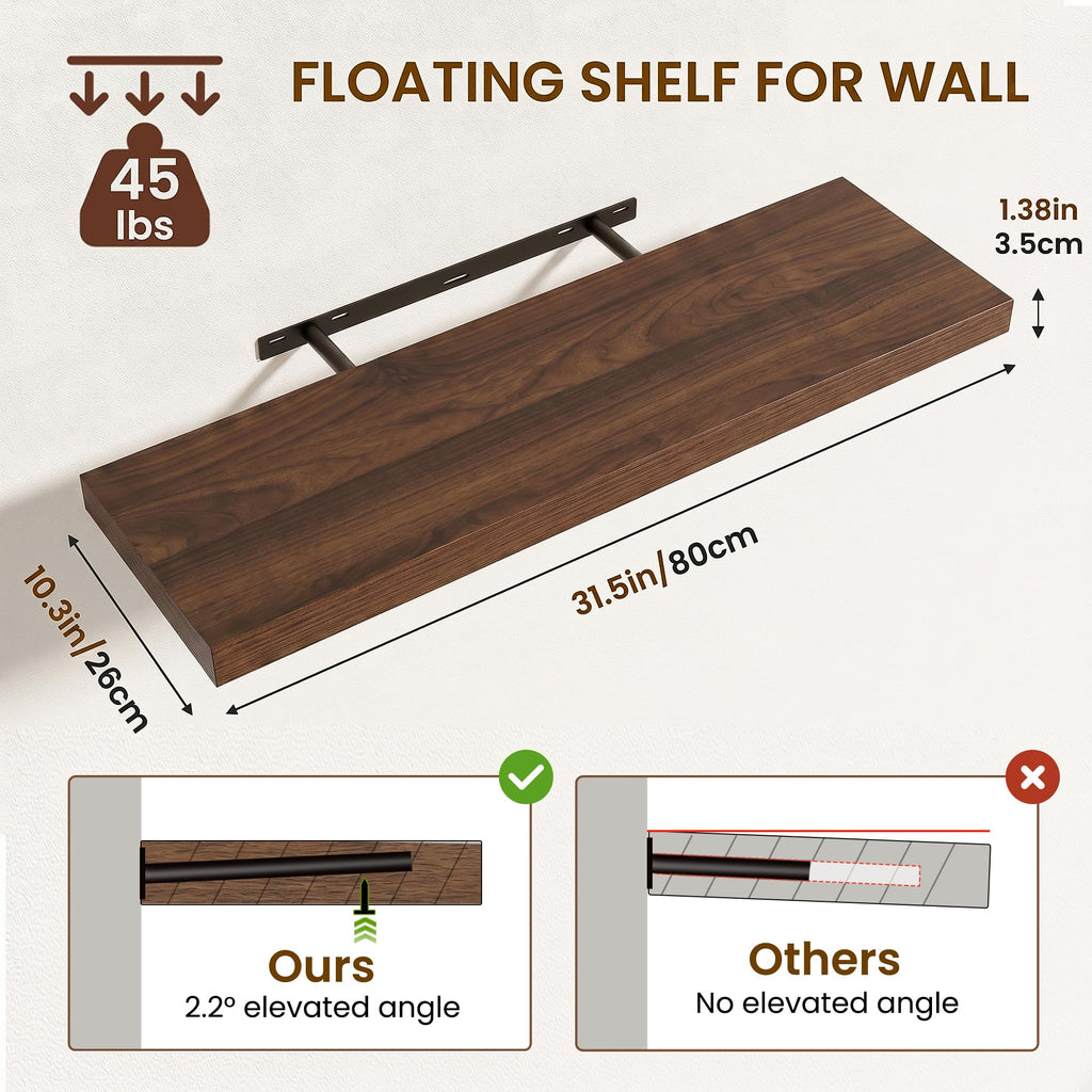 Floating Shelves for Wall 10 Inch Deep, 32 Inch Width Wall Mounted Storage and Display Set of 2 (Walnut)