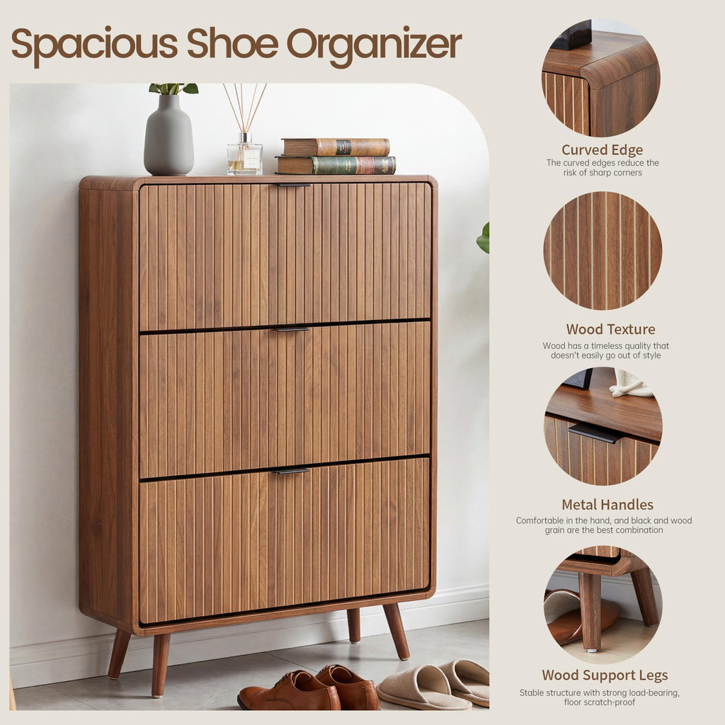 Fluted Shoe Storage Cabinet with 3 Flip Drawers (All Walnut, 3 Drawers)