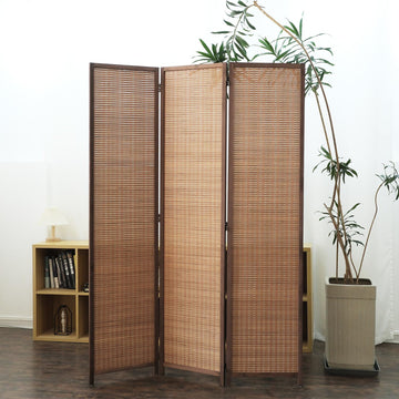 3 Panel Bamboo Room Divider - 5.6 ft Tall Folding Privacy Screen for Room Separation, Natural Brown Freestanding
