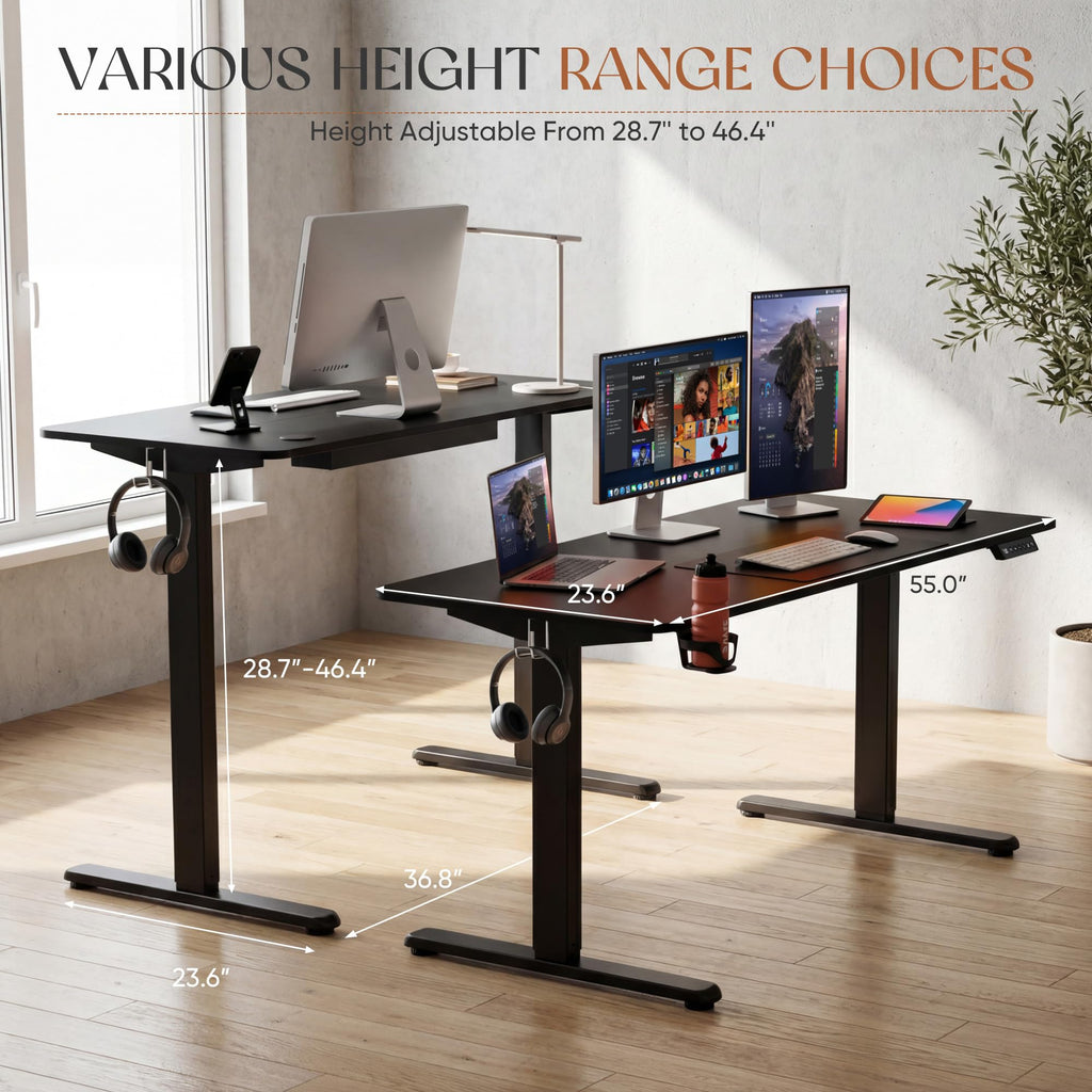 Electric Standing Desk, 55 x 24 Inches Height Adjustable Sit Stand up Desk, Memory Preset Computer Home Office Desks