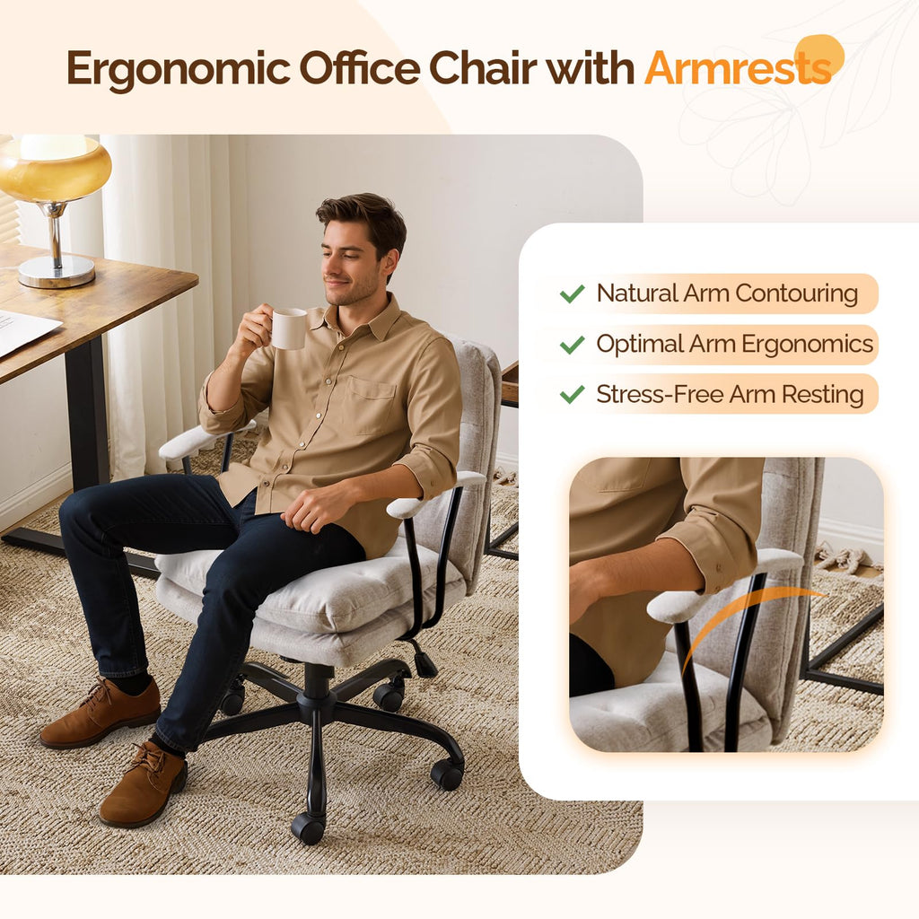 Comfortable Office Desk Chairs with/No Wheels, Dual-Base, Removable Armrests, Adjustable Comfy Swivel Computer Task Nail