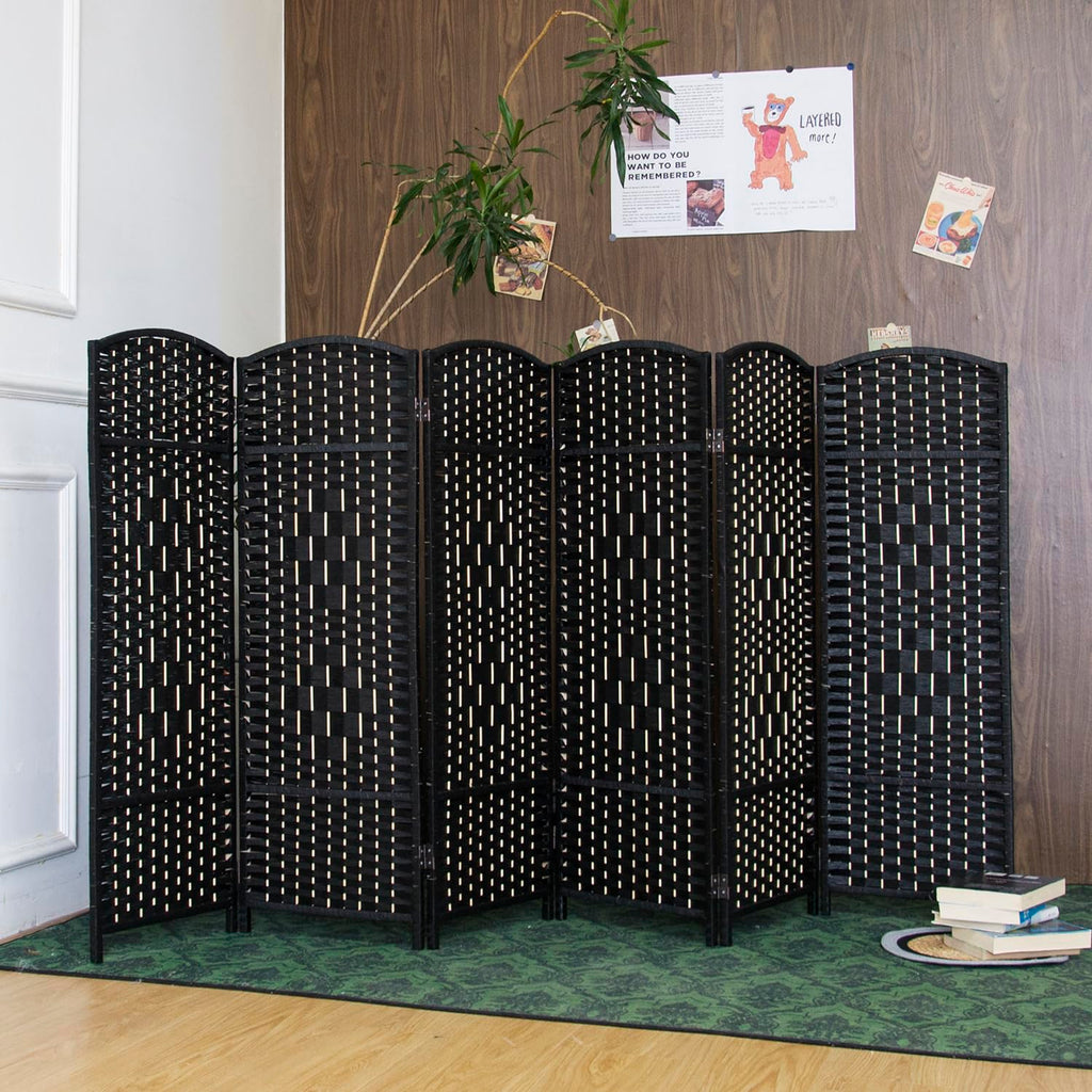 6 Panel Black Rattan Room Divider for Room Separation, 47.2" Low Height Double Sided Folding Privacy Screen
