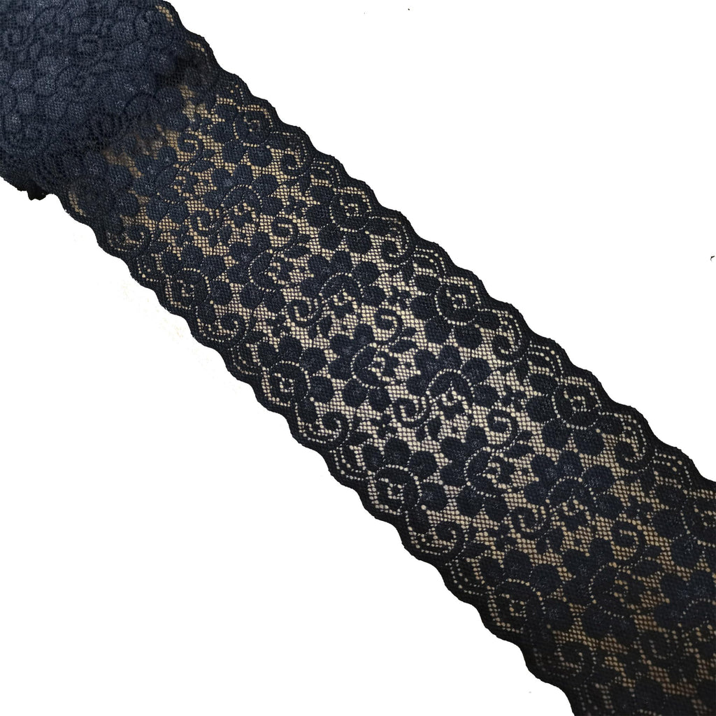4 inch x 5 Yards Stretch Lace Ribbon, Black Floral lace Trim for Crafting or Everyday Purposes, Wide Sturdy lace for