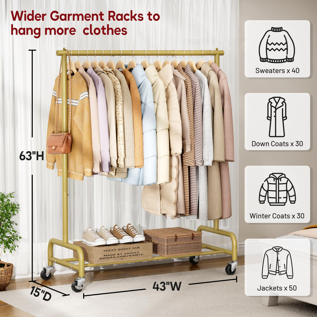 Heavy Duty Clothes Racks for Hanging Clothing Rack, 43" Wide Rolling Garment Rack Metal Wardrobe Rack with Wheels