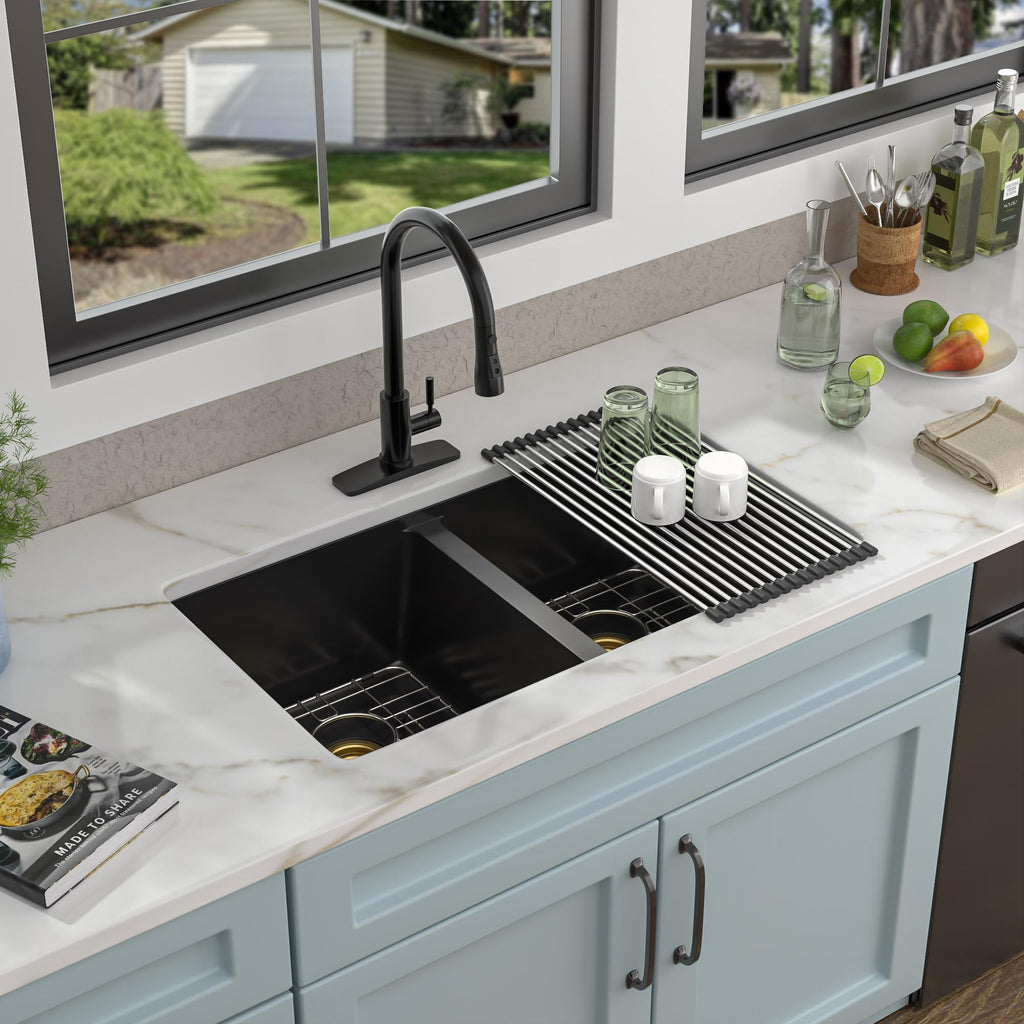 33"x19" Granite Composite Kitchen Sink Black Double Bowl