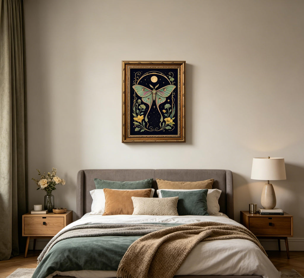 Vintage Gold Framed Dark Academy Luna Moth Wall Art, Celestial Moon Butterfly Flower Canvas Print Poster, Mystical