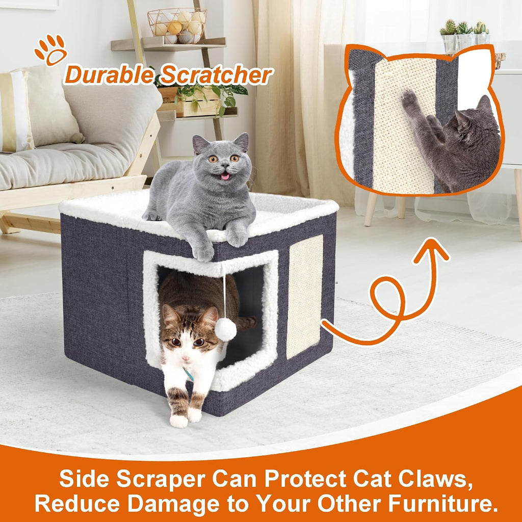 Cat Houses for Indoor Cats - Large Cat Bed Cave with Scratch Pad and Fluffy Ball, Foldable Cat Condo Hideaway