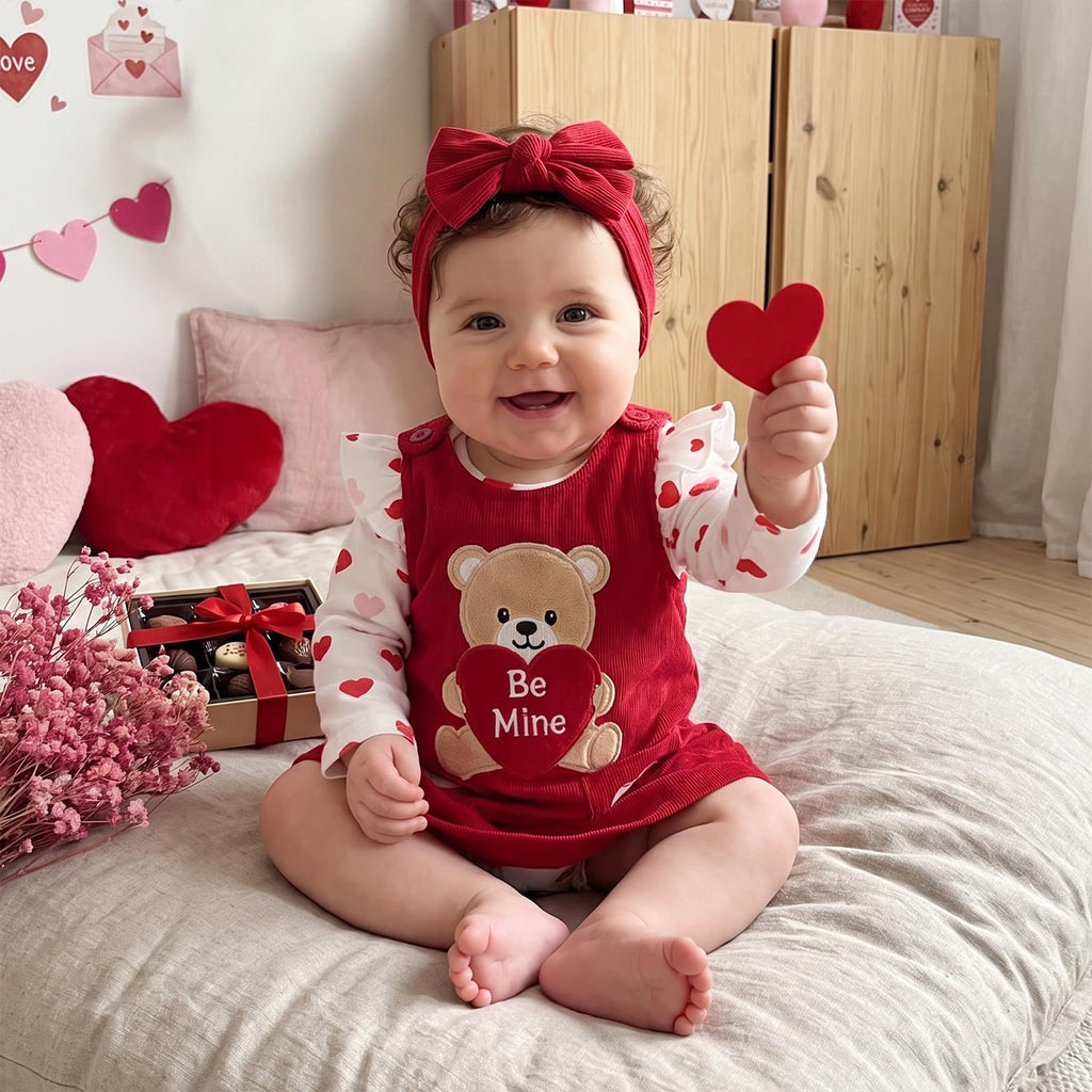 My First Valentines Day Baby Girl Outfit Ruffle Long Sleeve Romper Love Heart Overall Dress Headband Cute Clothes