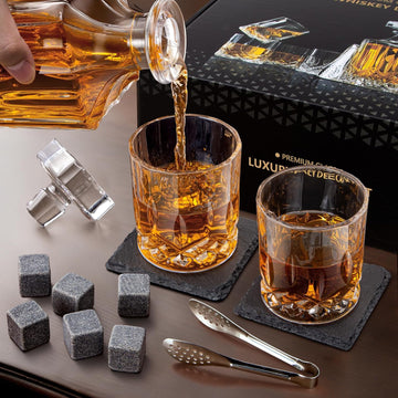 Whiskey Decanter Set with Bar Accessories,Crystal Whiskey Decanter and Glass Set in Gift Box,Non-Lead Bourbon - Set of 5