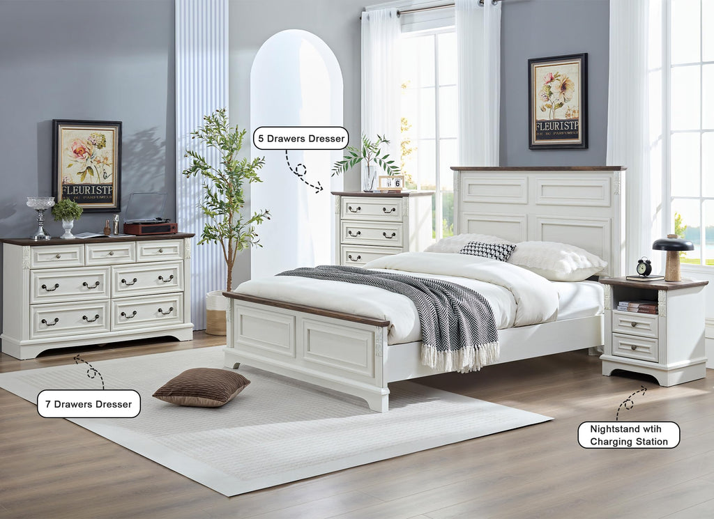 Antique White Dresser, 5 Drawers Dresser, Farmhouse Dresser, Wooden 5 Chest of Drawers with Thickened Wood Carving