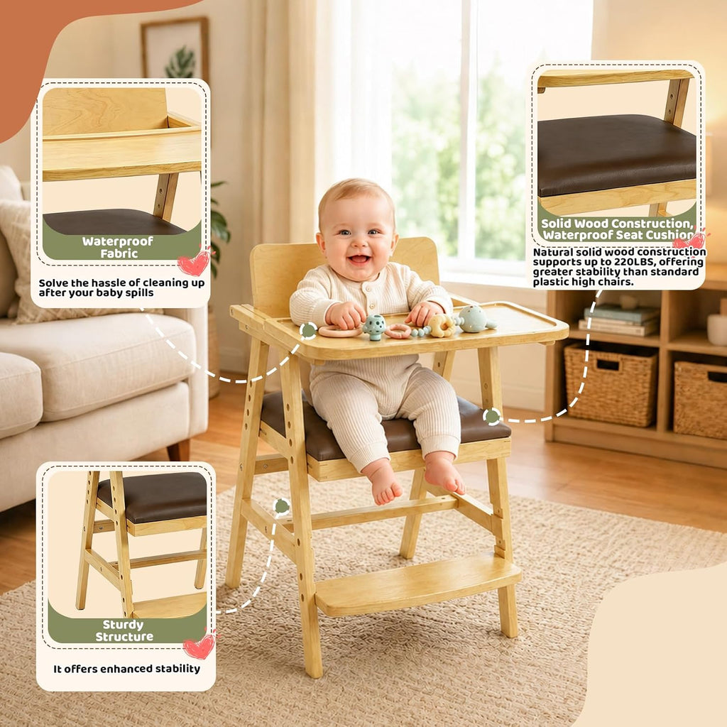 3-in-1 Wooden High Chair for Baby & Toddler with Adjustable Tray, Natural | Ergonomic Design, Built-in Foot Steps